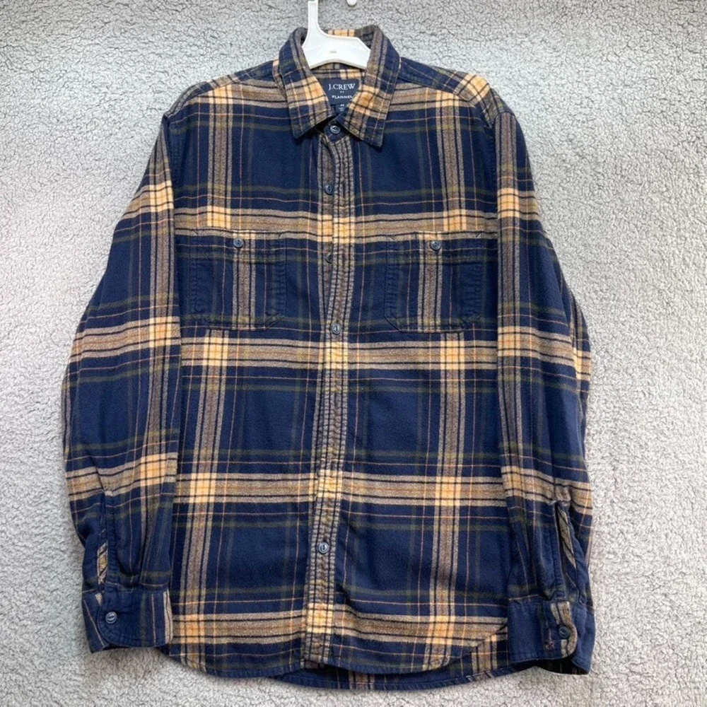 J.Crew Flannel Shirt Adult Medium Yellow Blue Rustic Plaid Outdoors mens